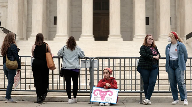 Pro-choice activists protesting in front of the U.S. Supreme Court on May 03, 2022 in Washington, DC