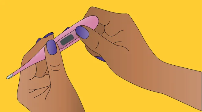 illustrated hands holding a thermometer
