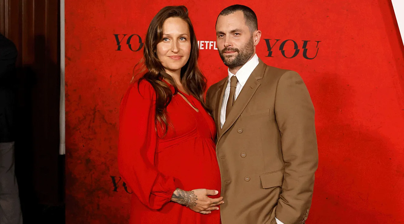 Domino Kirke and Penn Badgley attend a screening for Season 5 of Netflix's "You" at The Plaza Hotel on April 23, 2025 in New York City