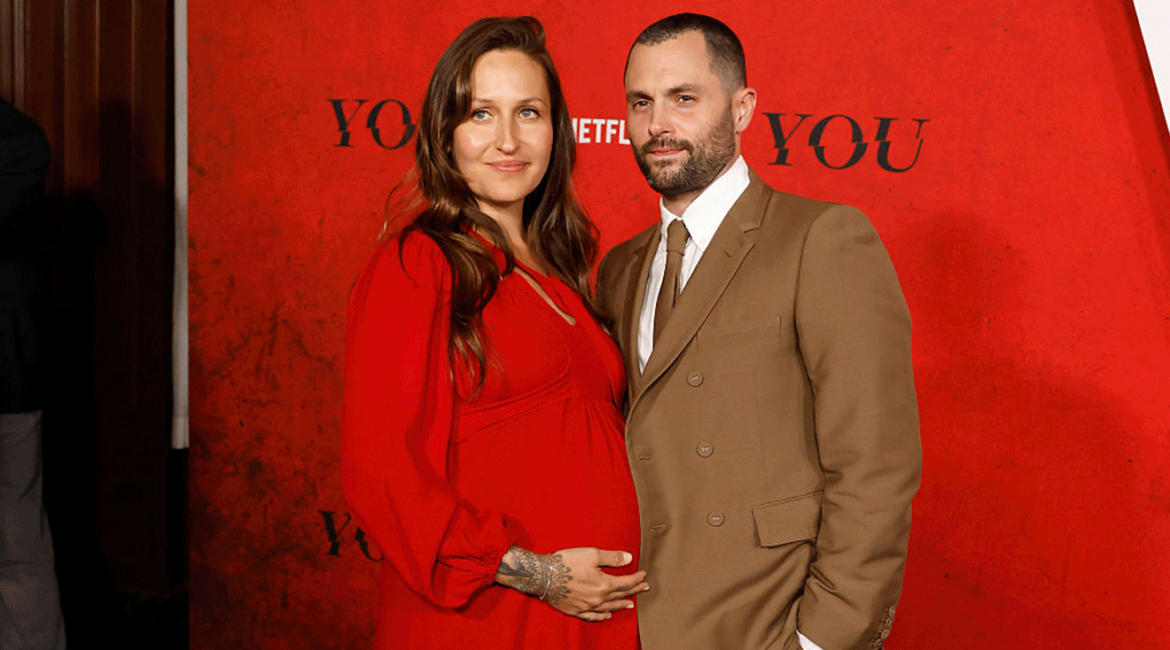 Domino Kirke and Penn Badgley attend a screening for Season 5 of Netflix's "You" at The Plaza Hotel on April 23, 2025 in New York City