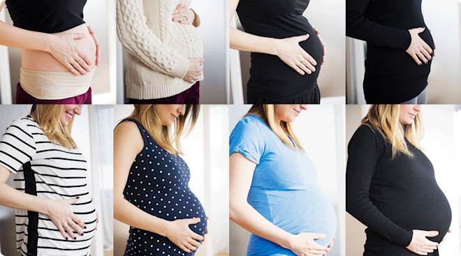 A collage of a pregnant woman during different stages of her pregnancy showing the progression of her baby bump.