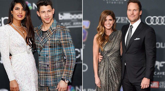 celebrity couples, priyanka chopra and nick jonas and katherine schwarzenegger and chris-pratt