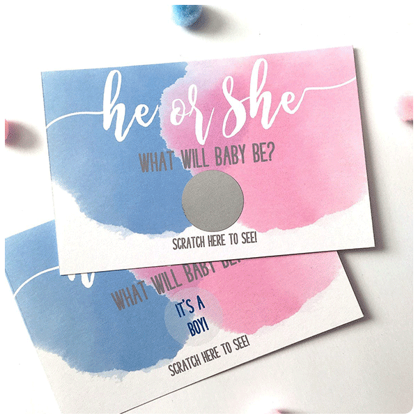Designing Moments He or She Gender Reveal Party Scratch Off Card