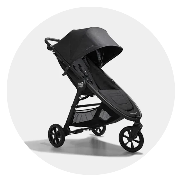 Black baby stroller with canopy and storage basket underneath