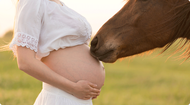 pregnant woman and horse in a field