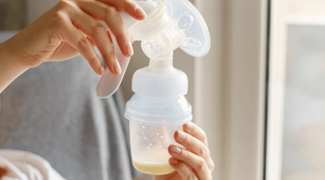 mother holding breast pump bottle