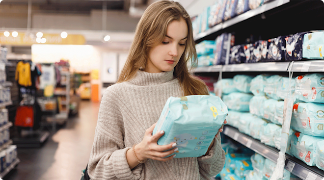 young woman looking at diaper package at the store