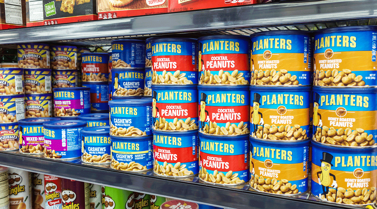 planters peanuts and nut snacks on shelf in grocery store
