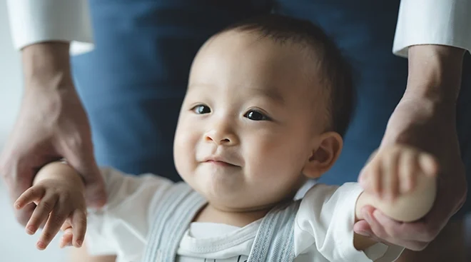 father holding baby's hands while walking