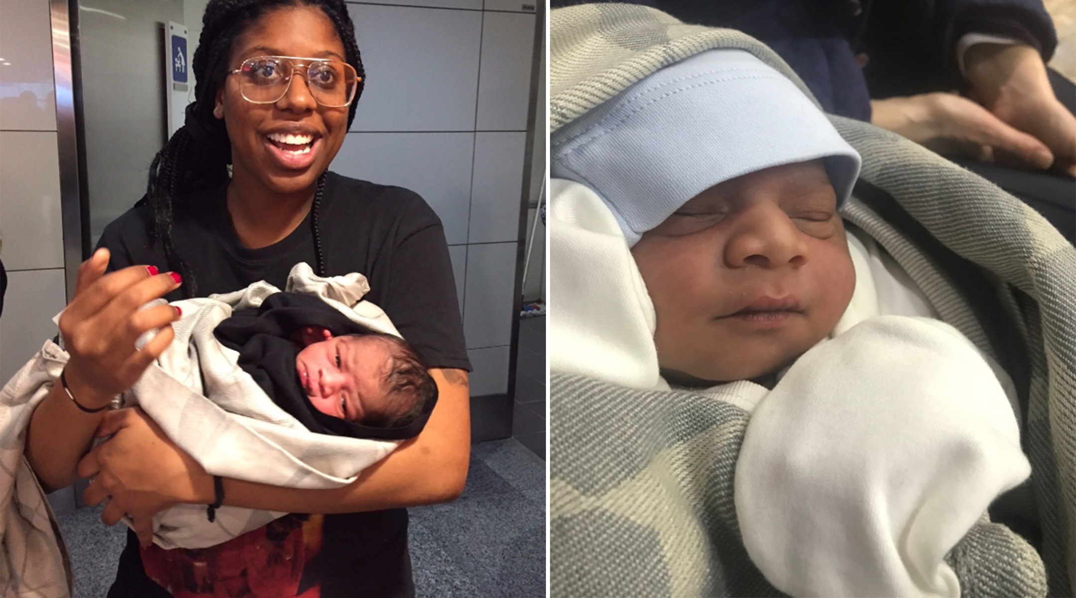 Woman holding new baby at airport