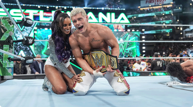 Cody Rhodes and Brandi Rhodes celebrate during Night Two of WrestleMania 40 at Lincoln Financial Field on April 7, 2024 in Philadelphia, Pennsylvania