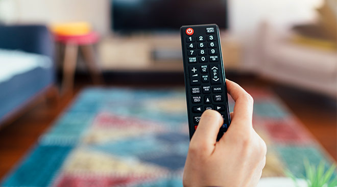 hand holding remote control with tv in the background