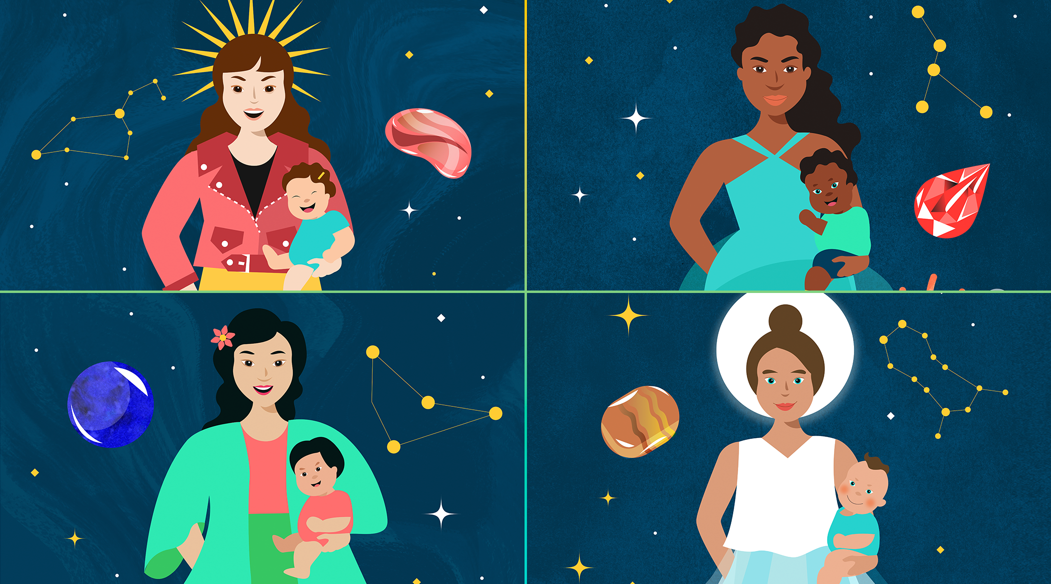 illustrations of different moms with their zodiac symbols and gemstones 