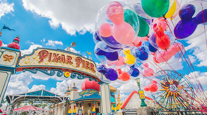 Scene from Disney Land with colorful balloons. 