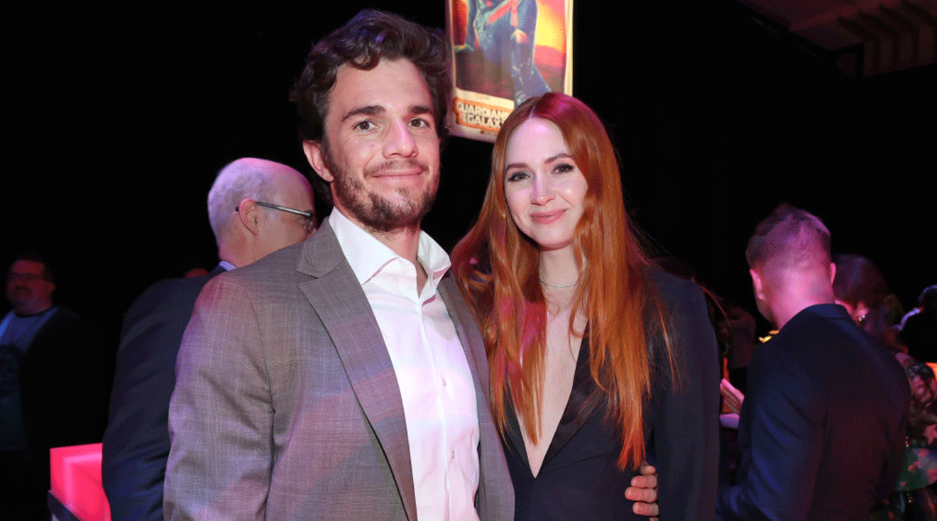 Nick Kocher and Karen Gillan attends the Guardians of the Galaxy Vol. 3 World Premiere at the Dolby Theatre in Hollywood, California on April 27, 2023