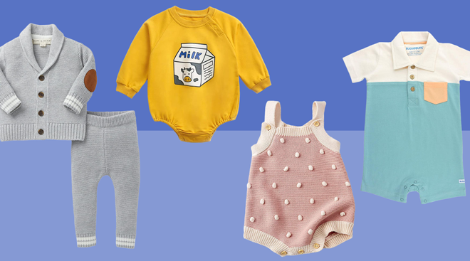 Collage of different baby clothes from Amazon's brands. 