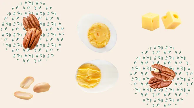 collage of nutritional foods for baby, including, eggs, pecans, peanuts and cheese