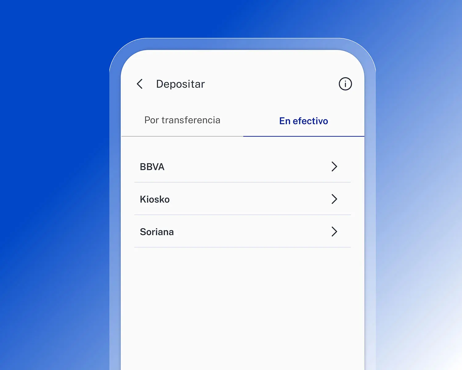 Pantalla de la app de Ualá mostrando las opciones para depositar dinero en efectivo a través de BBVA, Kiosko y Soriana.