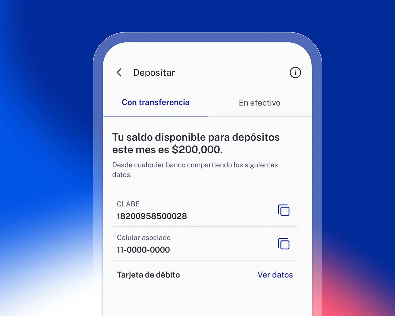 Imagen de la app de Ualá mostrando la pantalla para realizar un depósito de dinero a través de una transferencia SPEI.