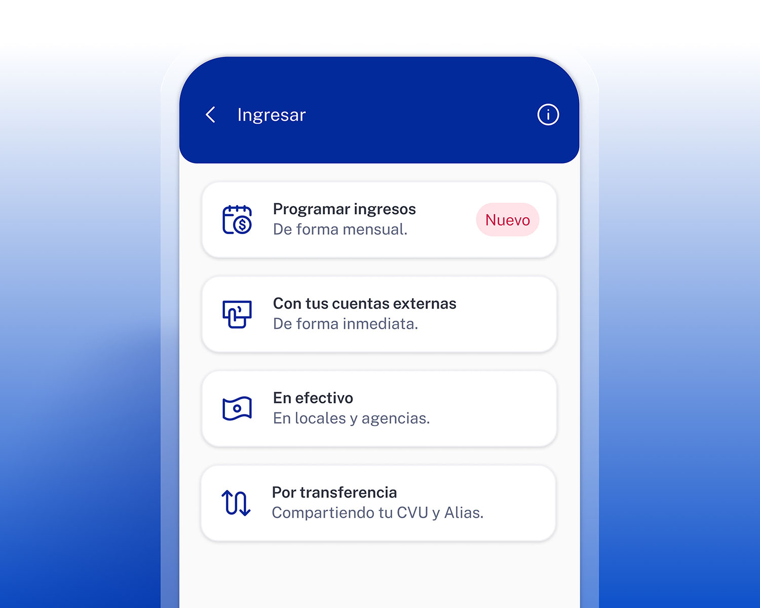 Pantalla de la app de Ualá para ingresar dinero. Podés realizarlo en efectivo, transferencia, con una cuenta externa o programando ingresos mensualmente.