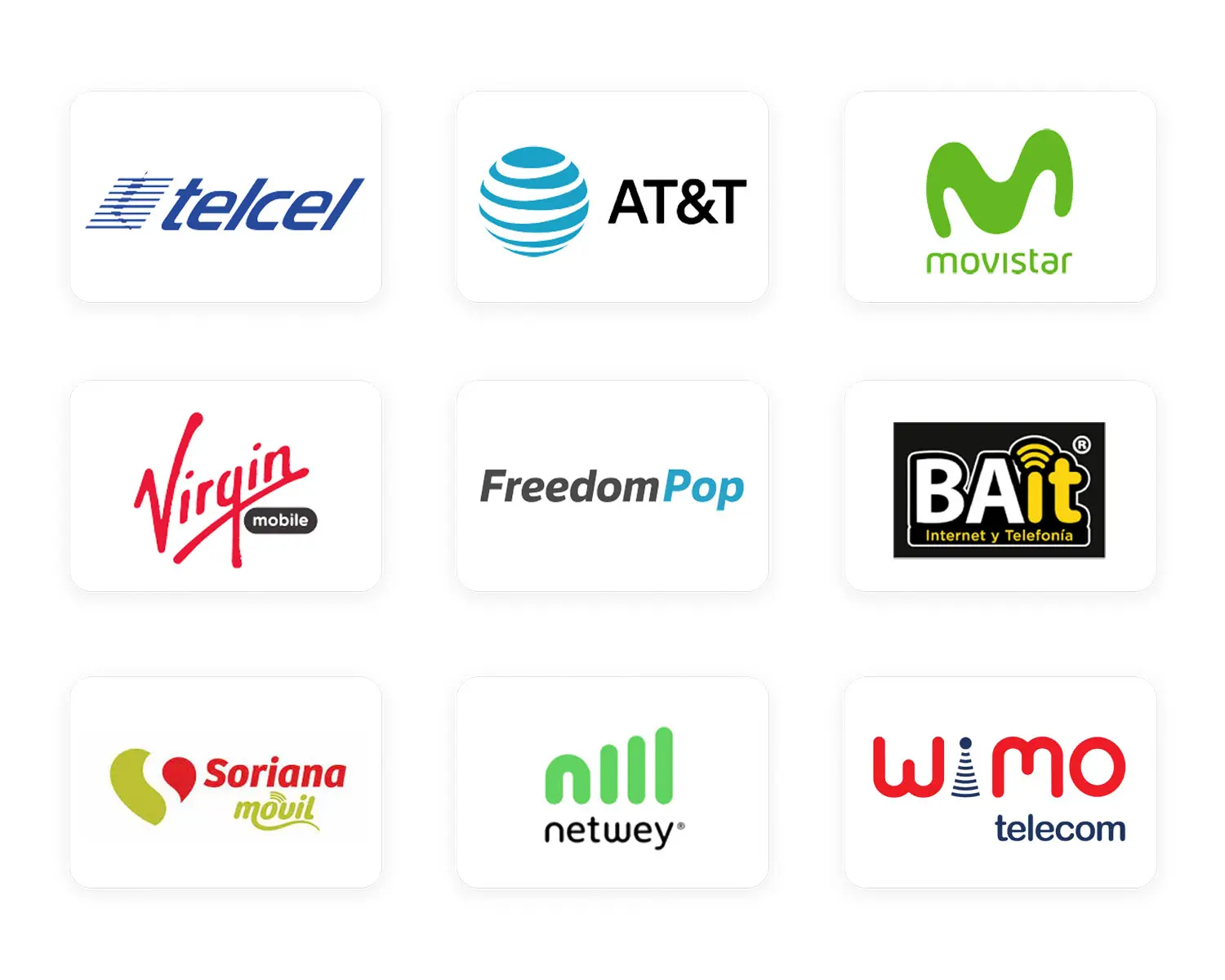 Telcel, Movistar, AT&T, Virgin Mobile, FreedomPop, Bait, Soriana Movil, Netwey y Wimo de Telecom.