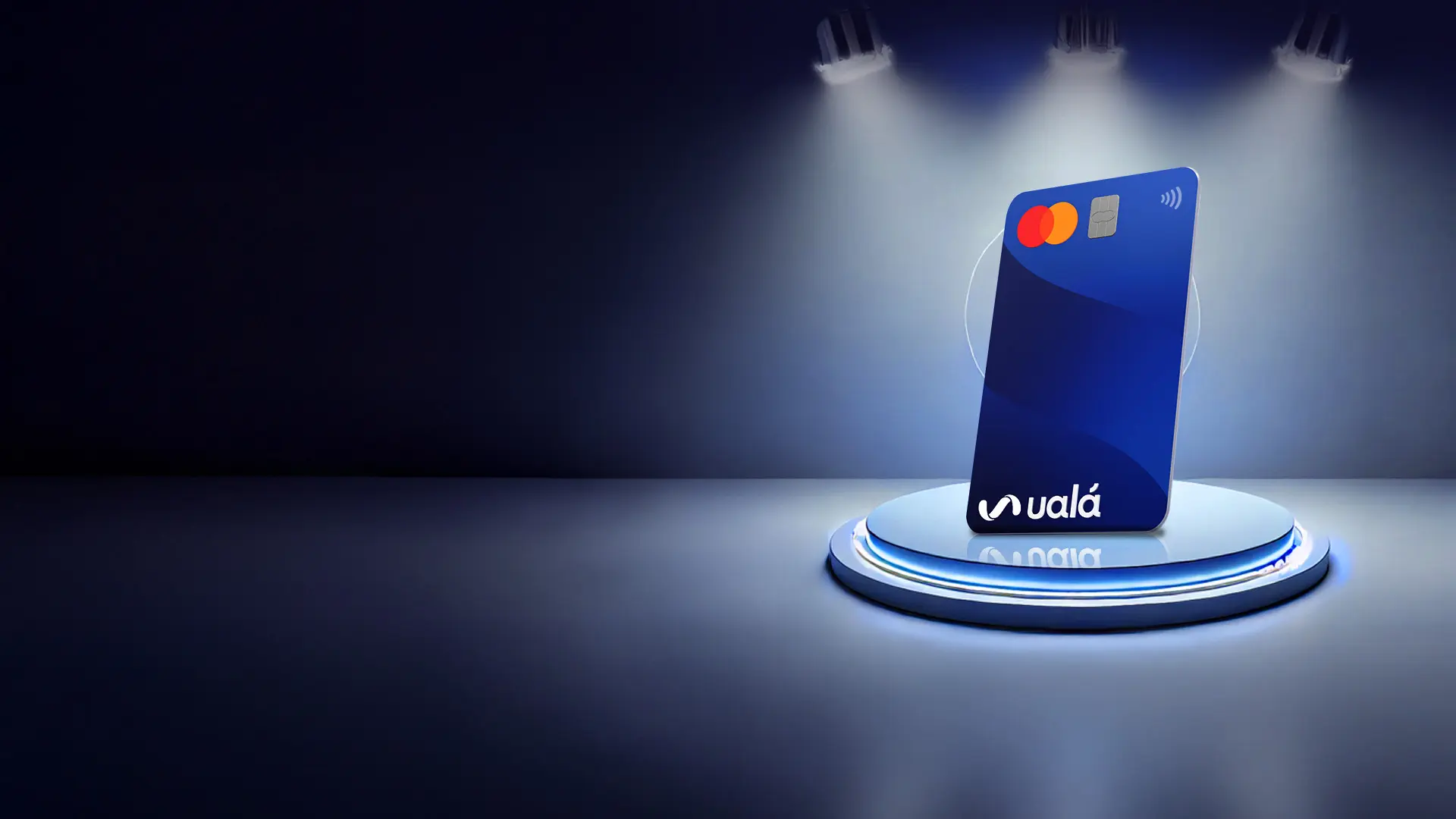 Imagen de la Tarjeta de Crédito de Ualá sobre una plataforma con estilo tecnológico.