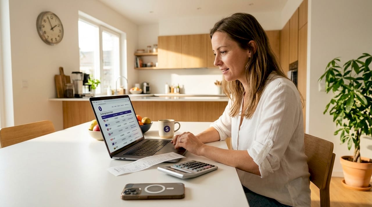 Woman checking remittance exchange rates at kitchen table