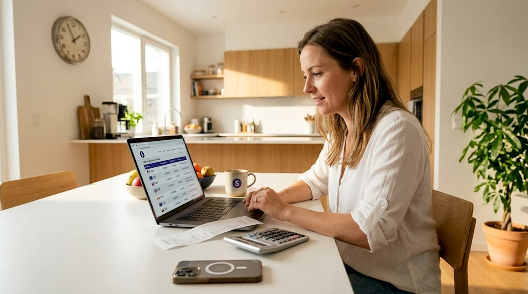 Woman checking remittance exchange rates at kitchen table