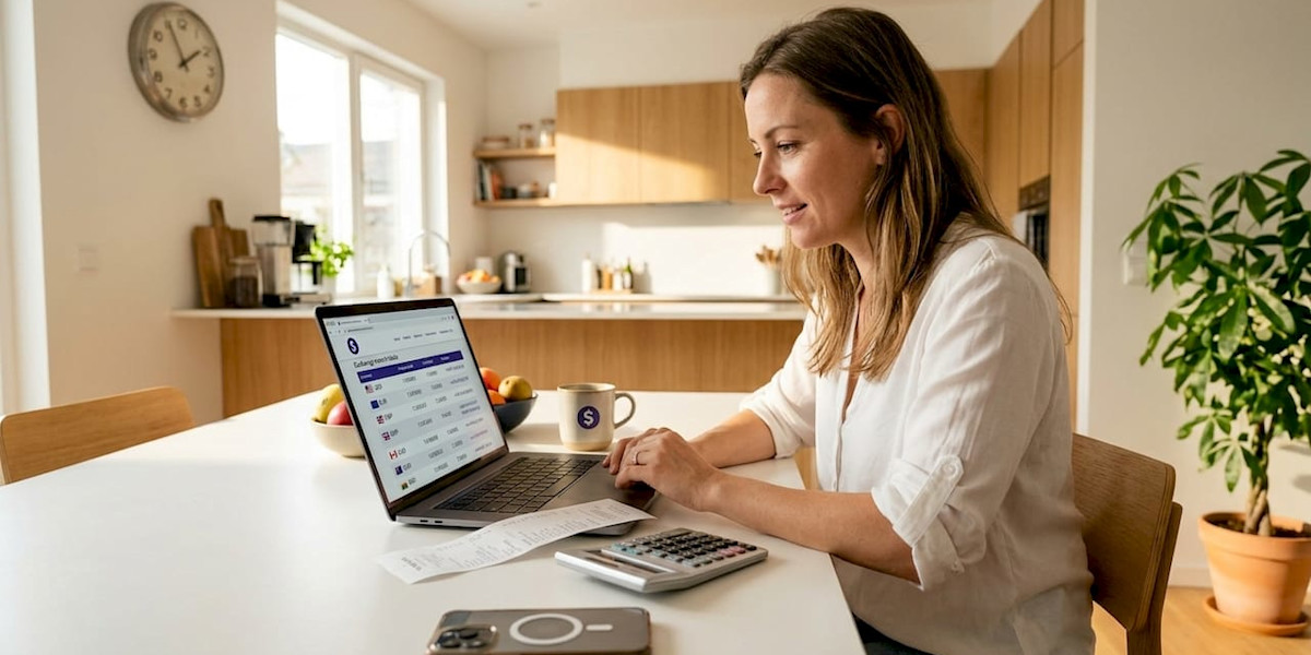 Woman checking remittance exchange rates at kitchen table