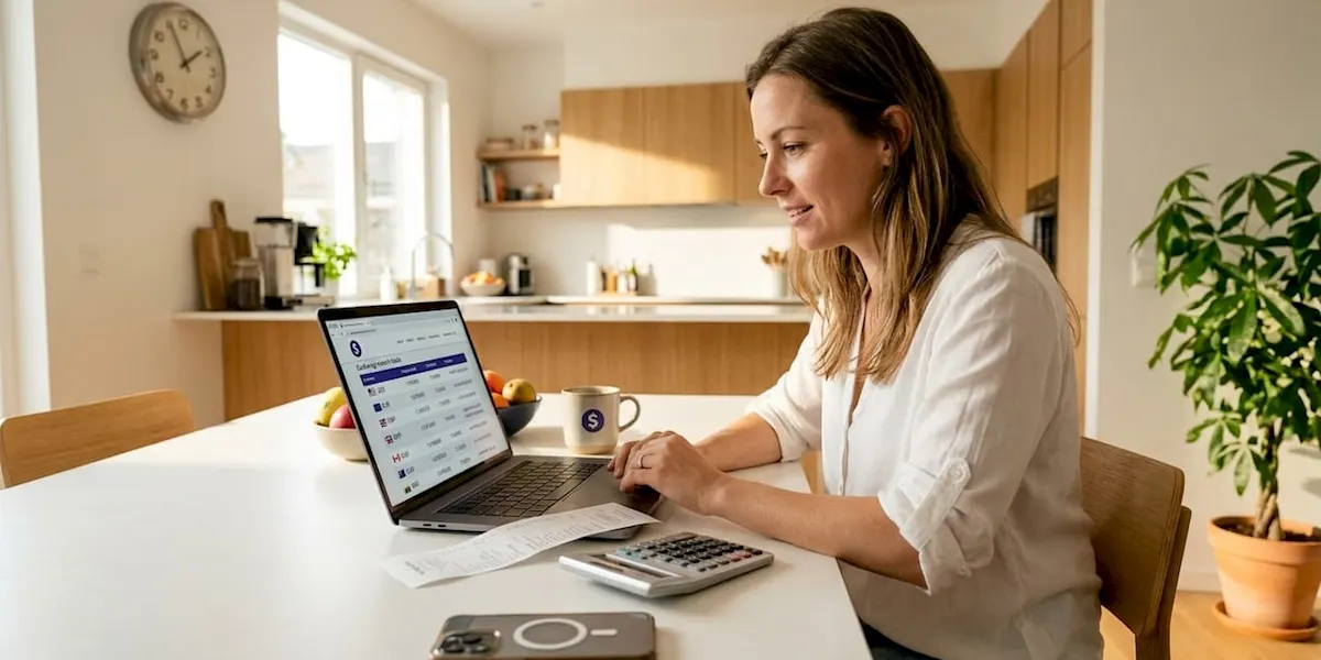 Woman checking remittance exchange rates at kitchen table
