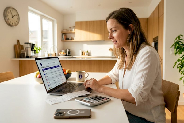 Woman checking remittance exchange rates at kitchen table
