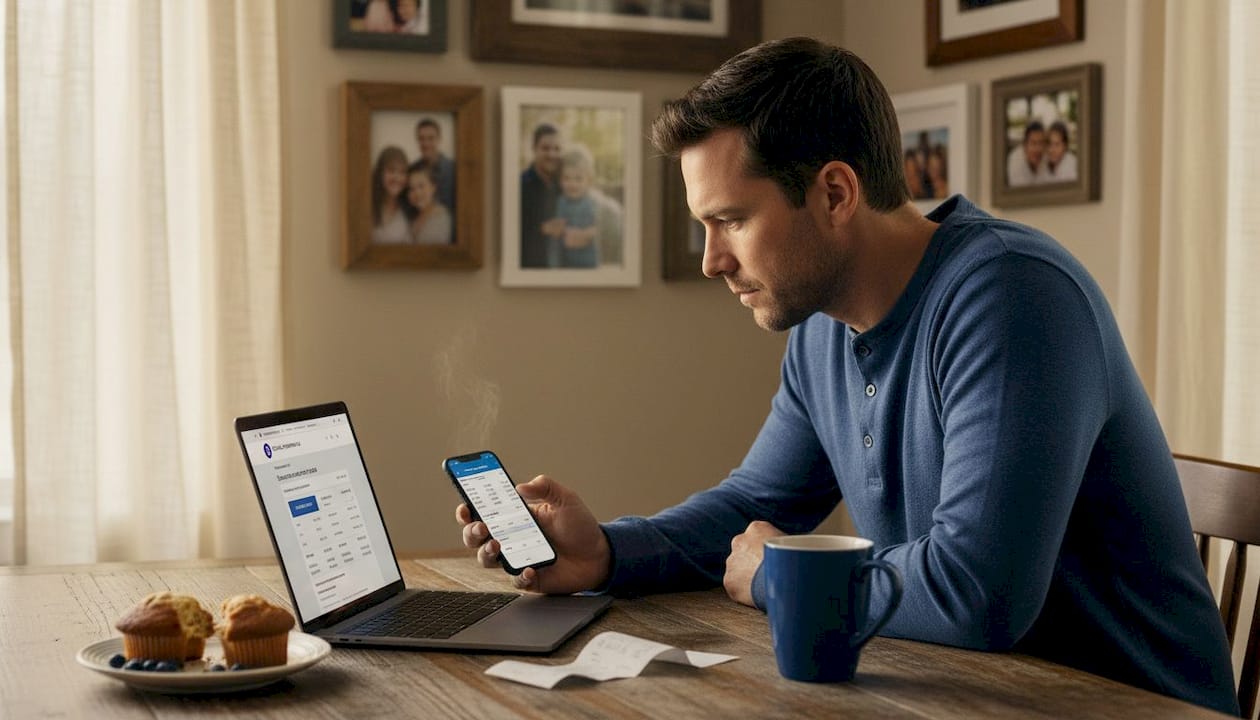 Man checking remittance details at kitchen table