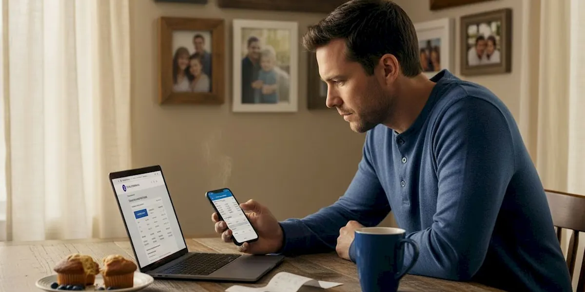 Man checking remittance details at kitchen table