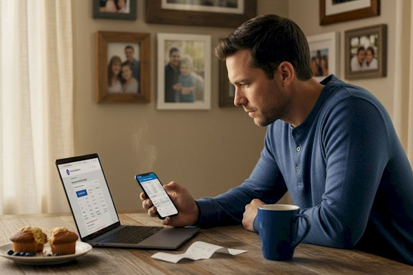 Man checking remittance details at kitchen table