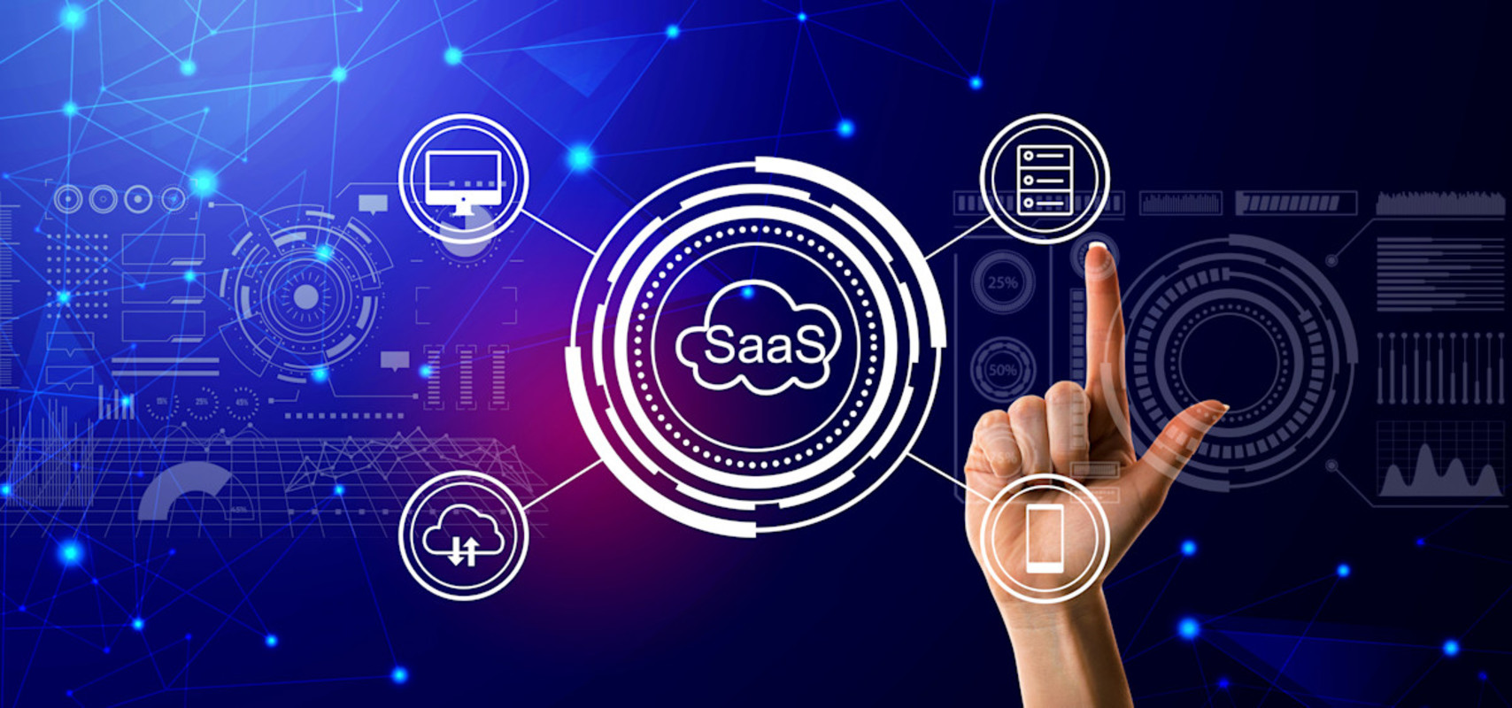 Illustration conceptuelle SaaS avec icônes technologiques, cloud computing et doigt pointant vers interface numérique