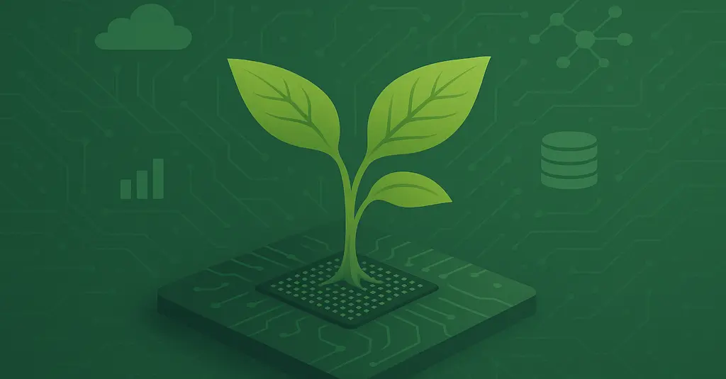 Eine junge Pflanze, die auf einem Computerchip wächst. Diese Symbolisiert eine grüne Zukunft auf Datenbasis.