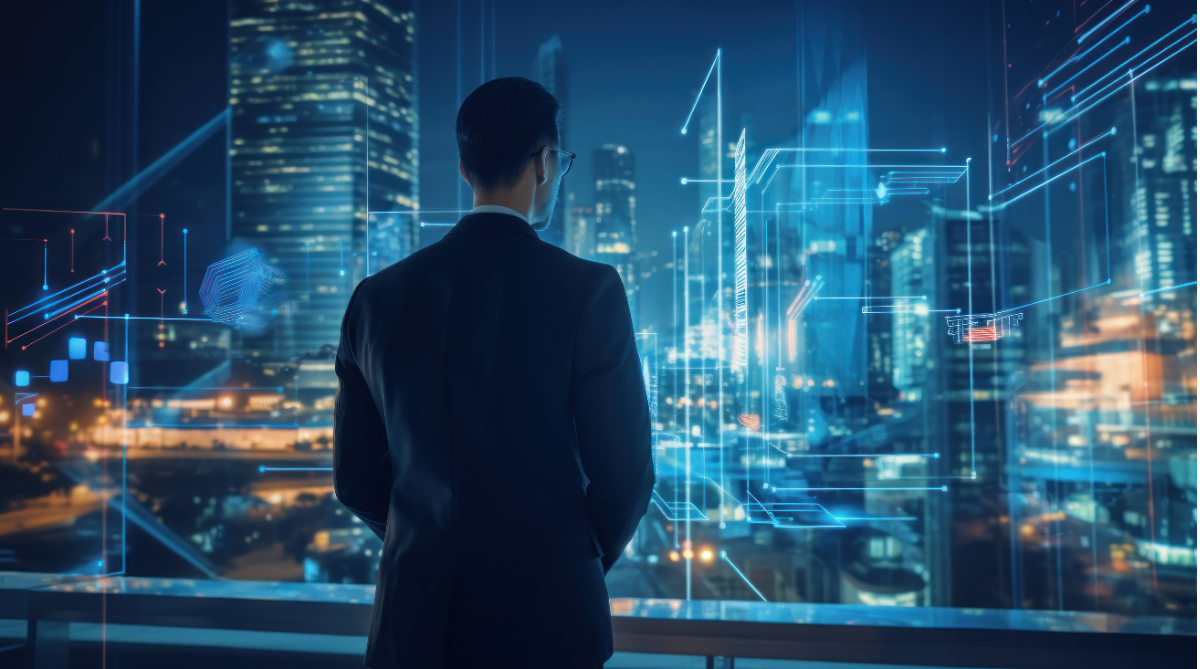 A man looking out at a technical and lighted backfground of emerging industries