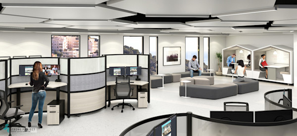 adjustable height curved cubicles in a hybrid setting with employee booths, lounge seating, and collaborative areas