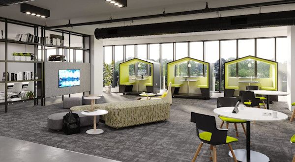 acoustic booths for collaboration with lounge seating in a modern hybrid office