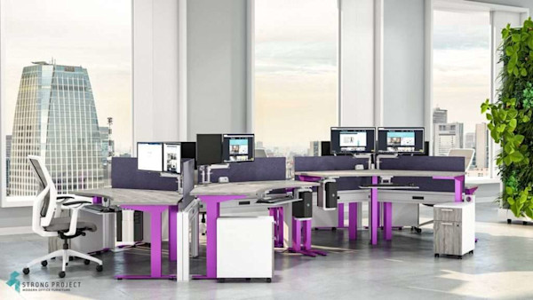 purple modern office furniture design with removable partitions, ergonomic task chairs, adjustable height desks, and movable storage