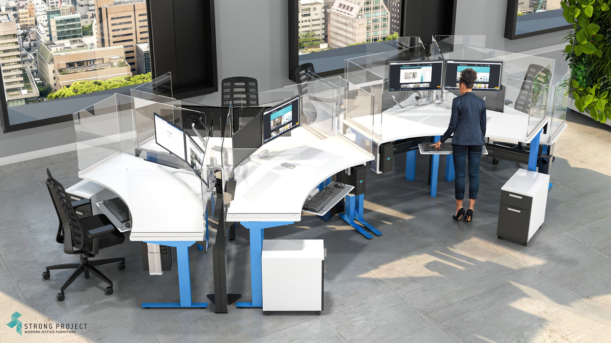 modular workstations with transparent partitions and adjustable height desks