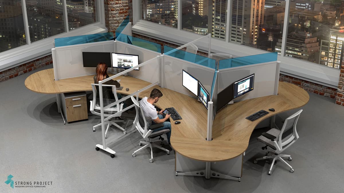 modern office cubicles and curved workstations