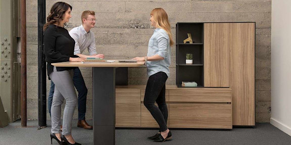 mobile movable modular office furniture with an ergonomic standing desk in a modern office design