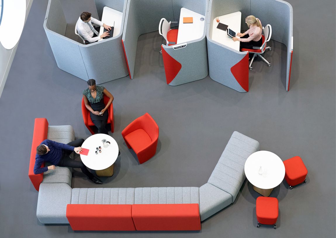 collaborative office furniture with soft seating for hybrid office