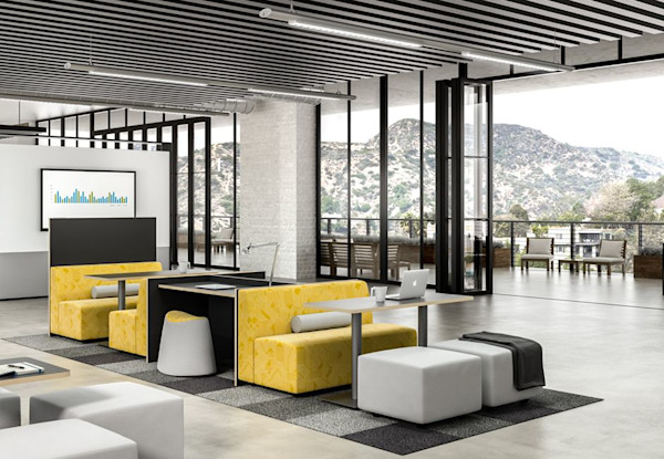 flex office with with an indoor/outdoor space and a biophilic office design to enourage collaboration