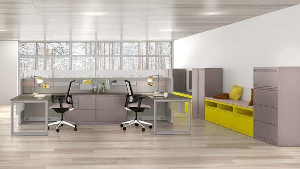 Office bench storage painted yellow to match the company's brand palette.