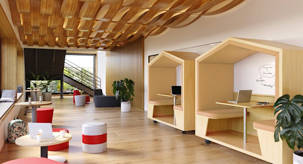 flexible office space with employee meeting booths and movable office furniture