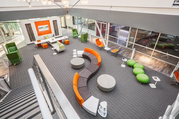 modern ffice with collaborative seating, acoustic booths, and modular seating for business growth