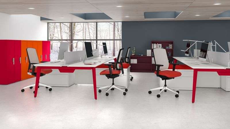 Colorful filing systems help brighten up a modern office space.