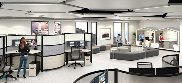 modular modern office design with adjustable height desks, lounge seating, office phone booths and ergonomic seating in an open layout